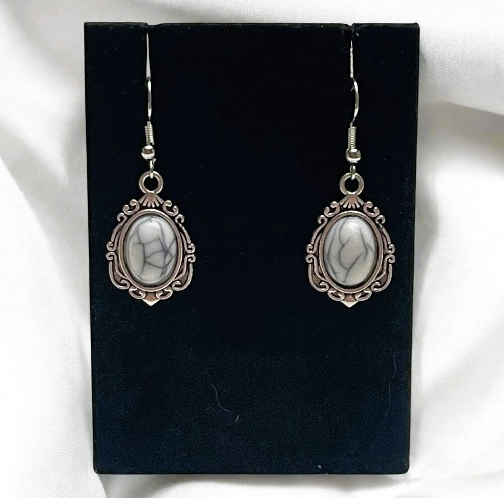 Vintage Natural Howlite & Oxidized Silver Frame Dangle Earrings